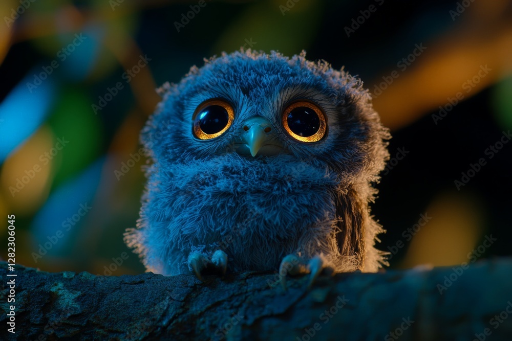 Poster cute, fluffy owl on a branch illuminated by soft light during twilight hours in a forest setting