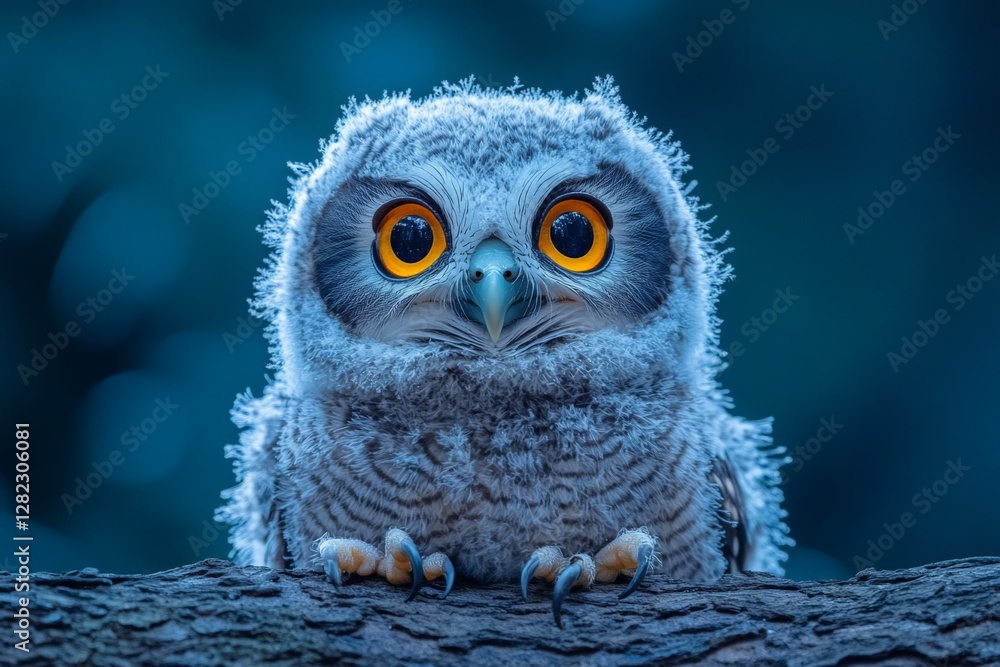 Poster close encounter with a fluffy owl perched on a branch in a forest during twilight