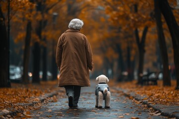 Fototapeta premium Elderly person walks with small dog along tree-lined path covered in autumn leaves