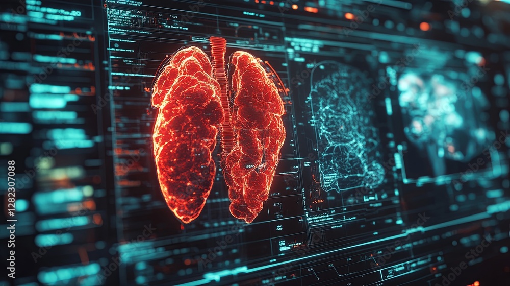 Poster digital representation of lungs with complex data visualization in a modern medical setting