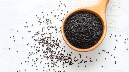 top view of black sesame seed in a wooden spoon on white background.ai 