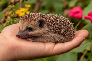 Fototapeta premium Small hedgehog resting on a hand among colorful flowers in a vibrant garden setting
