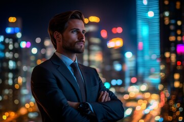 Fototapeta premium Businessman contemplating the cityscape at night with vibrant lights in the background