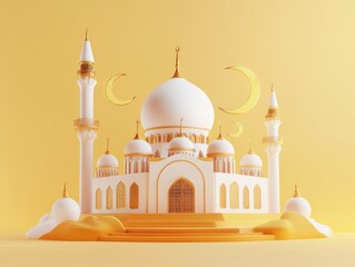 Elegant white and gold building model with crescent moons on yellow background. Festive composition perfect for celebrations. Soft lighting and a sense of peace