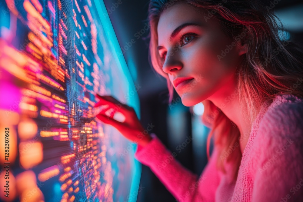 Poster engaging with interactive technology in a modern setting at night with vibrant digital displays