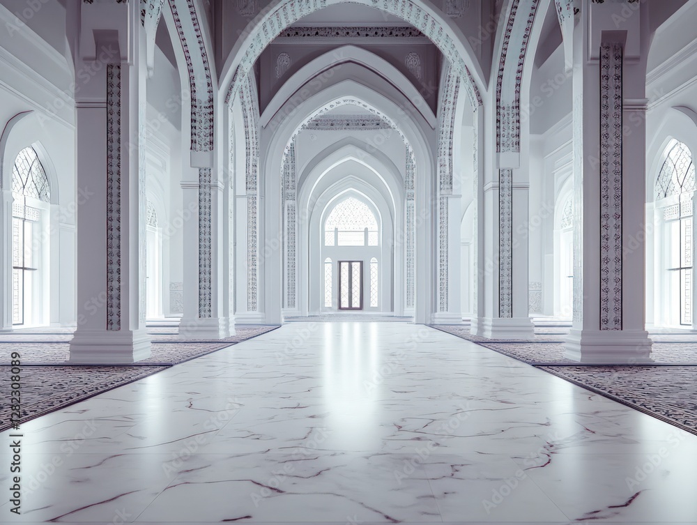 Poster elegant white interior hallway with arches columns and intricate patterns creating a sense of sereni