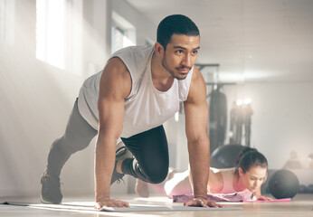 Core, fitness and power with man in gym for physical conditioning, training or workout routine....