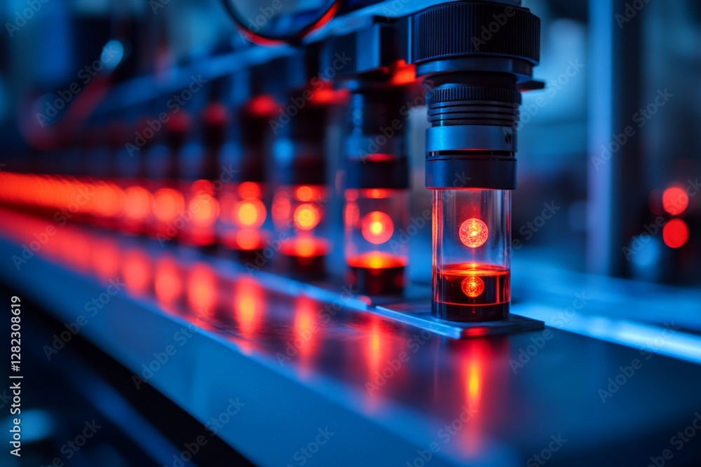 Poster innovative technology showcases precision in a lab setting with vibrant red illumination