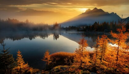 Fototapeta premium A serene lake enveloped in a mysterious golden mist, with mountains in the background and a beautiful reflection shimmering on the water’s surface.