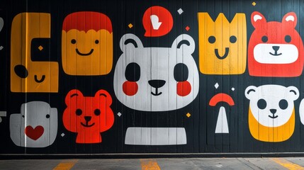 Fototapeta premium Colorful cartoon bear and shapes mural on a wooden wall