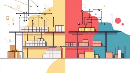 Distribution network flat design side view retail theme cartoon drawing Split-complementary color scheme.