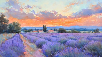 Watercolor painting of a lavender farm landscape at sunset, purple hues blending with coral sky, gentle wind movement, impressionist style