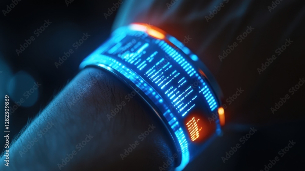 Poster close up of futuristic smartwatch displaying scrolling lines of code and changing data on person's w