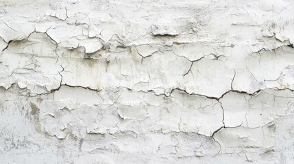 Obraz premium Cracked white wall texture emphasizing weathered paint and aging, ideal for backgrounds in design projects, showcasing a rustic and vintage aesthetic