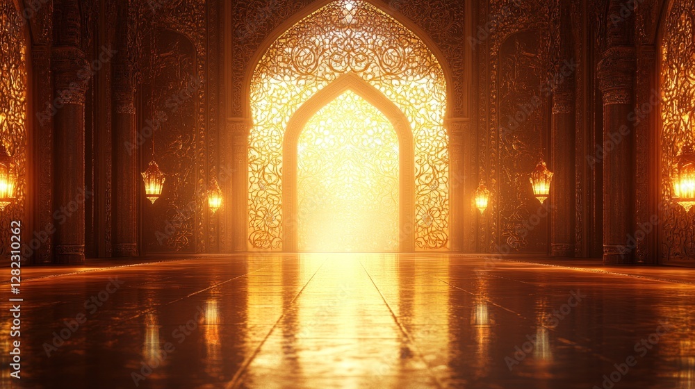 Poster golden archway with intricate patterns illuminated by bright light and hanging lanterns creates a wa