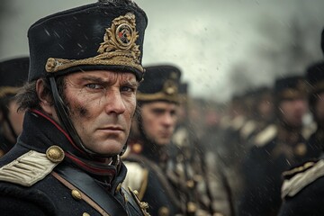 Historical depiction of soldiers in uniform during a dramatic battlefield moment in the 19th century