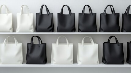 Row of Black and White Shopping Bags Arranged on White Shelves in Studio Setting