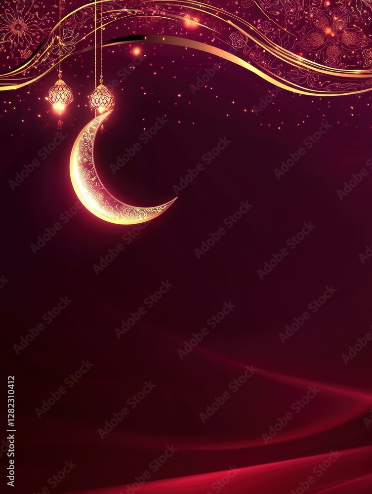 Poster glowing crescent moon with decorative lanterns and golden light effects on deep red background vecto
