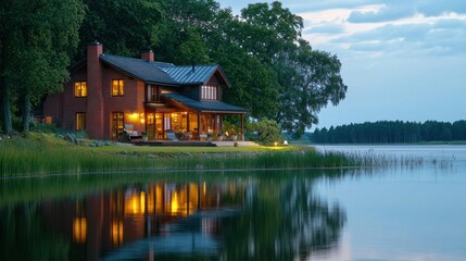Obraz premium Lakeside brick house at twilight, reflecting in calm water.
