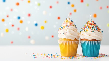 Festive cupcakes with sprinkles, celebration background