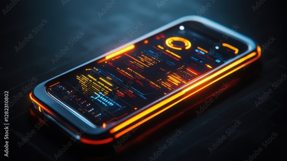 Poster futuristic smartphone with glowing edges displaying lines of code and system information, suggesting