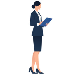 A professional woman in a suit holding a clipboard, suggesting a business context.