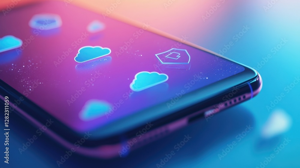 Poster cloud computing and cyber security concept is visualized by a smartphone displaying a shield icon ho