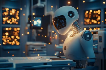 Futuristic robot working in a high-tech lab with glowing lights and advanced machinery