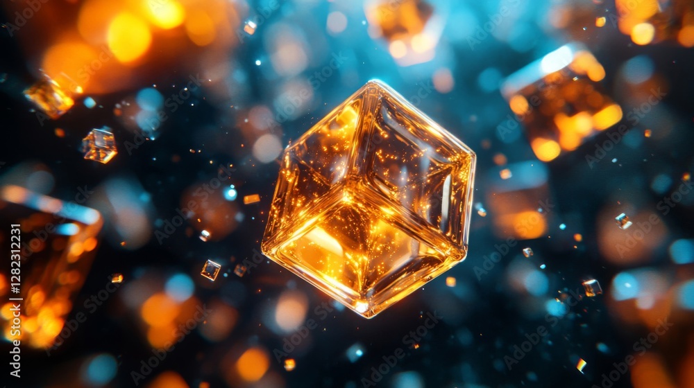 Poster abstract golden cubes floating in a dark blue space with bokeh lights