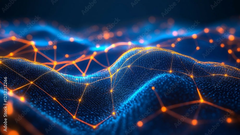 Poster abstract network of blue and orange dots forming wavy surface with complex connections