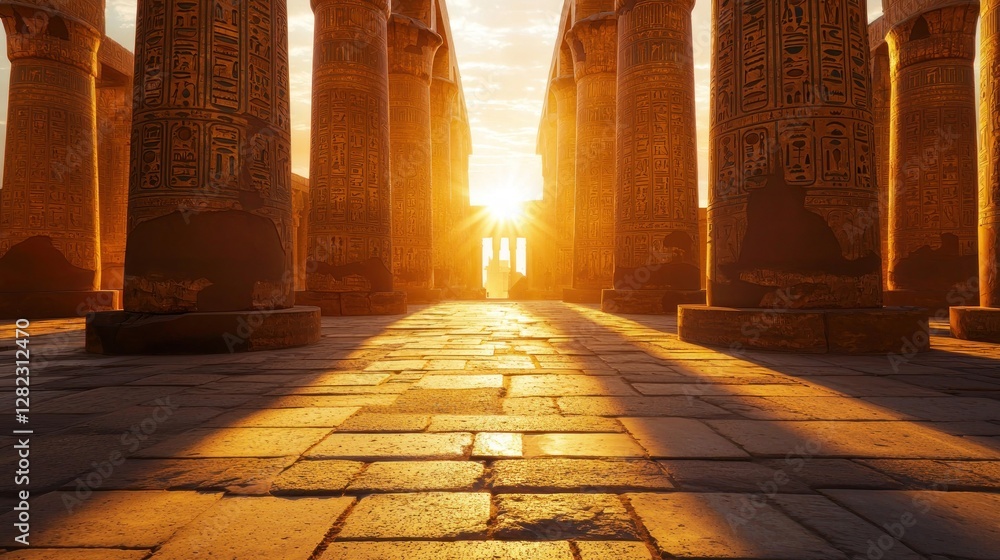 Aufkleber sun rays illuminate ancient temple columns.