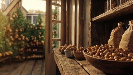 Rustic wooden shelves display various nuts and grains in burlap sacks and bowls, near a window overlooking a garden. - Powered by Adobe