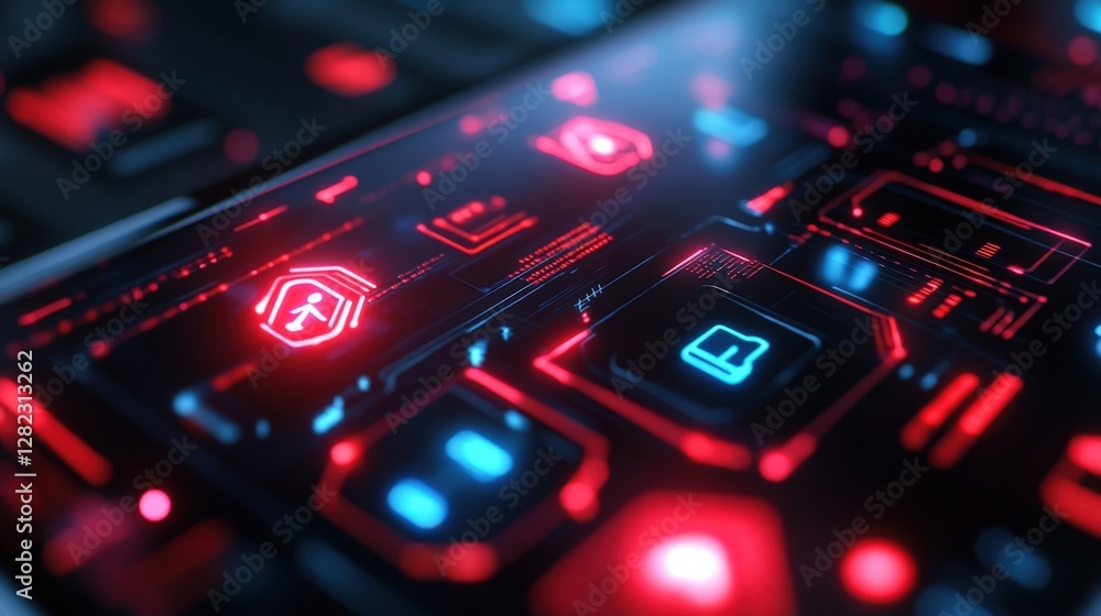 Poster futuristic cyber security system actively protecting sensitive user data on an advanced device, feat
