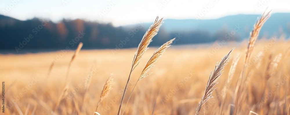 Poster golden grass texture in a serene landscape with soft sunlight illuminating the field creating a peac