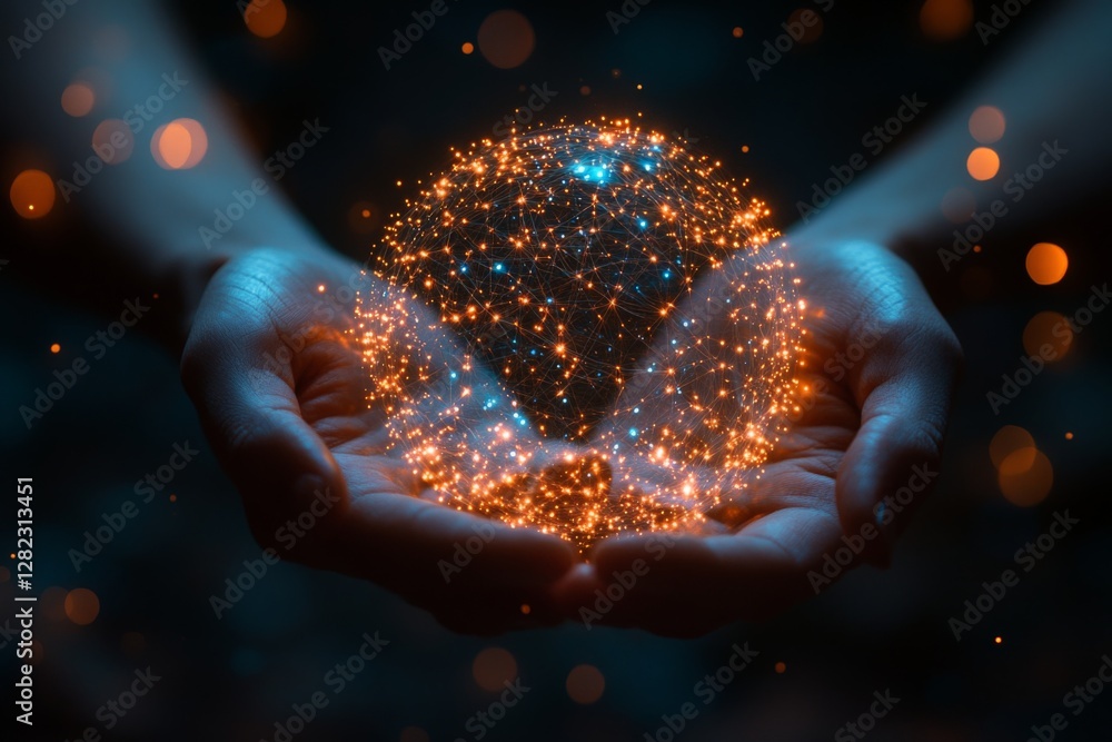 Poster hands hold a glowing globe of connected particles symbolizing global unity and technology