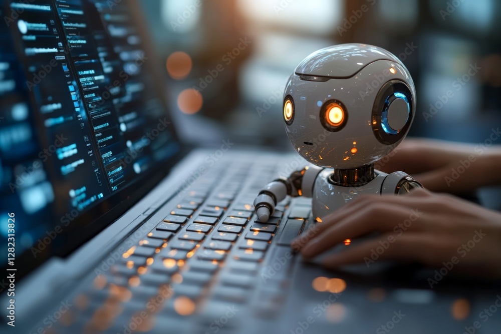 Poster robot interacts with laptop in a modern workspace, showcasing advanced technology and design