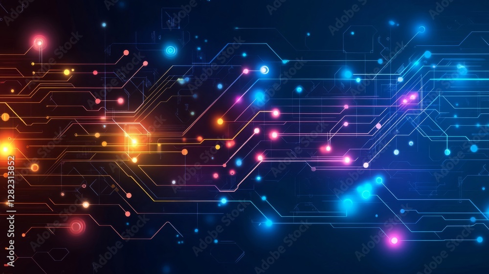 Aufkleber abstract technology circuit board with glowing lines and dots on dark backdrop