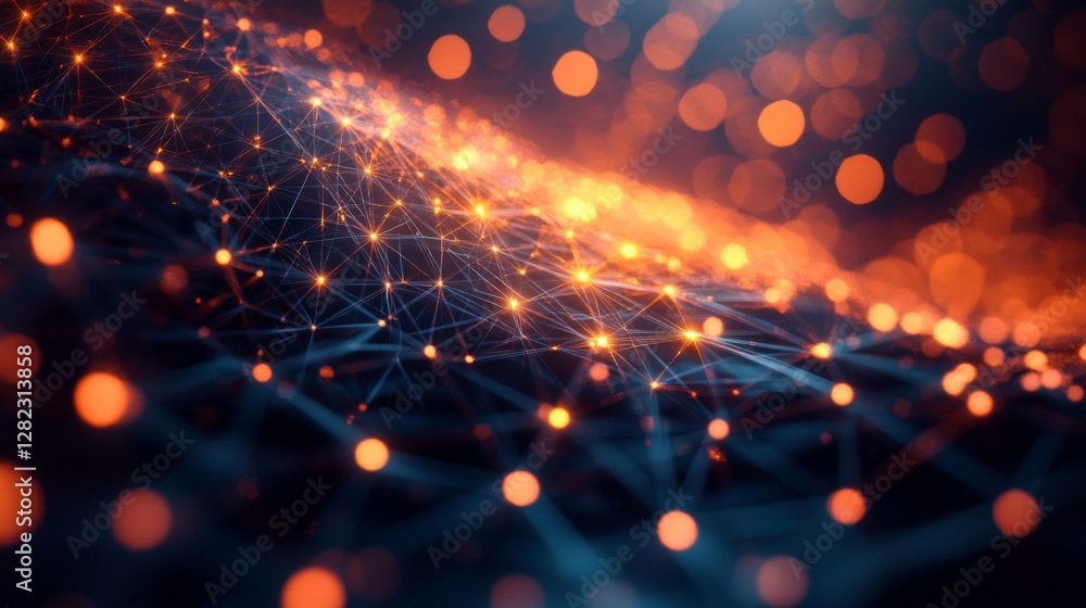 Poster abstract orange dots network with blue background and artificial intelligence