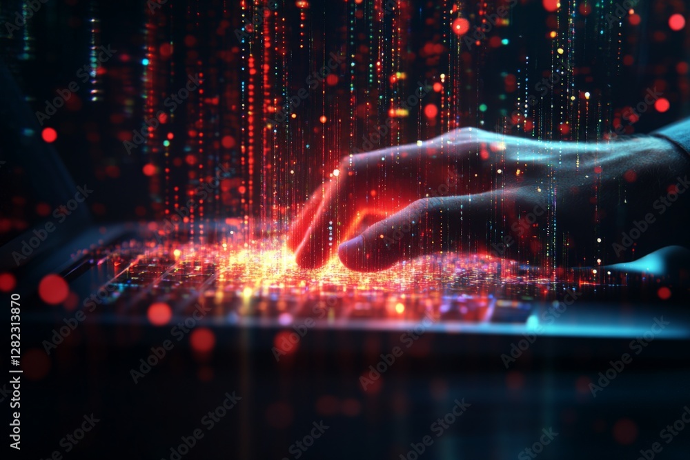 Poster hands typing on a keyboard with colorful data streams and digital effects in a dark environment at n