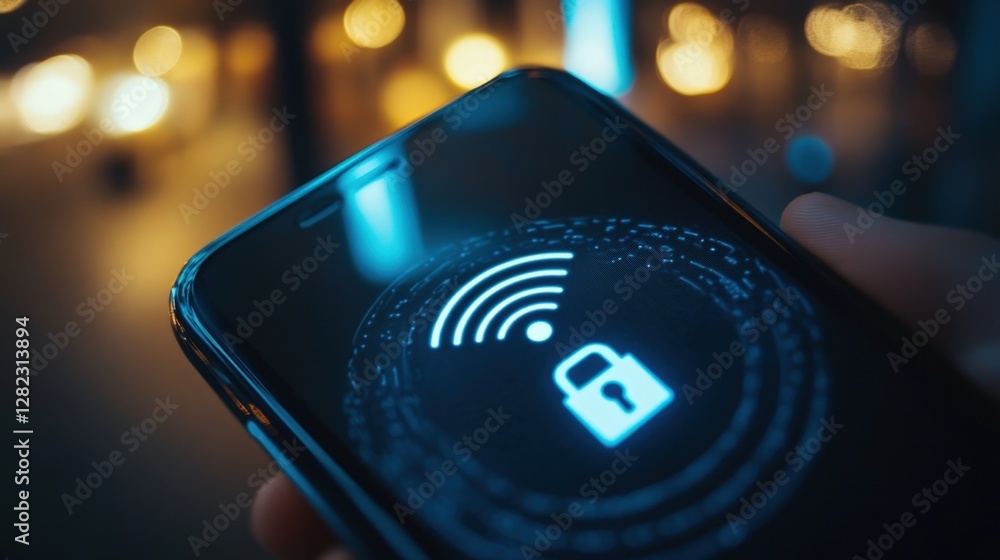 Poster secure wifi connection is displayed on smartphone screen with glowing digital padlock icon, protecti