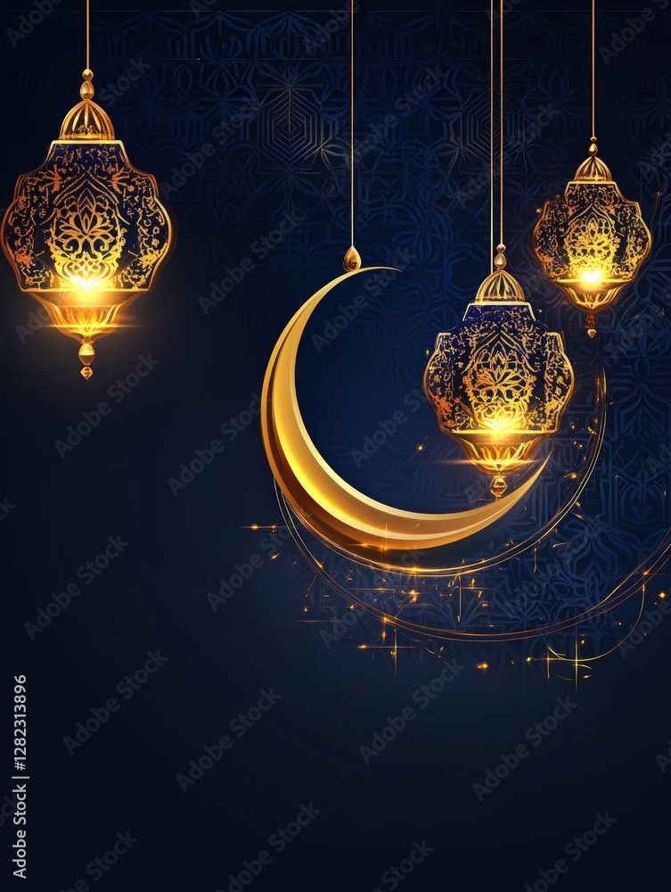 Poster glowing lanterns and crescent moon against a dark blue background with intricate patterns illuminate
