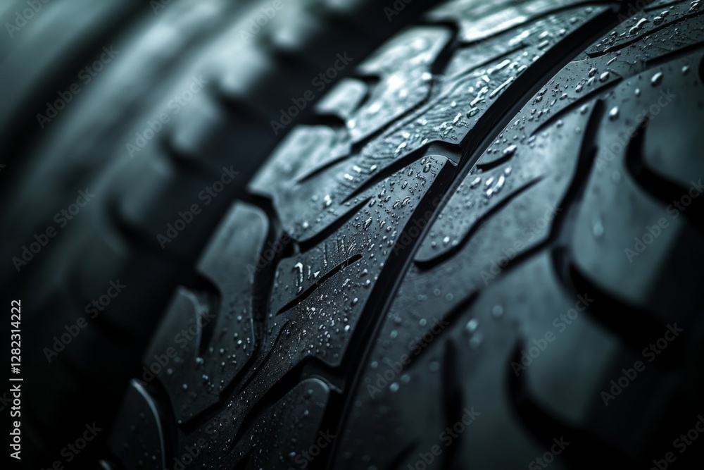 Aufkleber close-up view of a wet tire highlighting tread patterns and texture on a rainy day