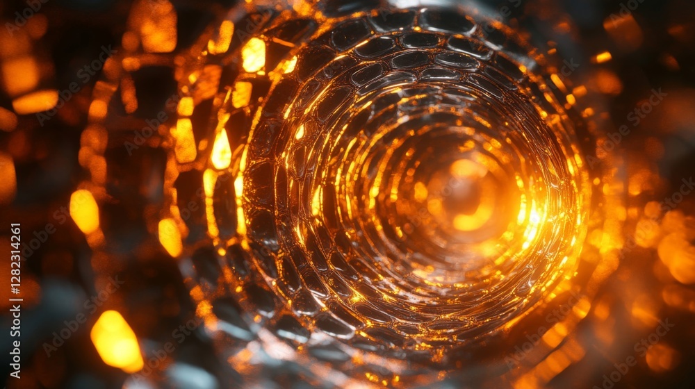 Poster abstract glowing tunnel with honeycomb structure in deep focus and orange light