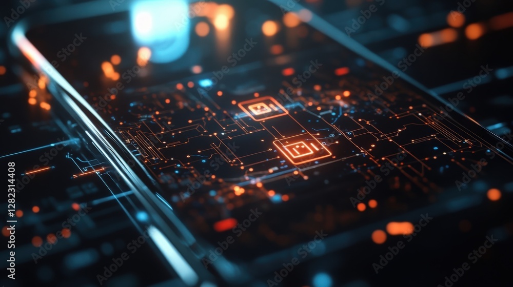 Poster complex network of electronic circuitry and data flow is visualized on a futuristic mobile phone, hi
