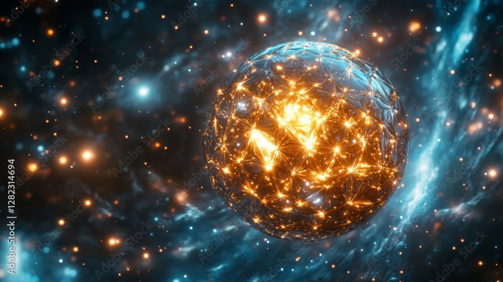 Poster luminous globe in deep space with swirling nebula and sparkling stars