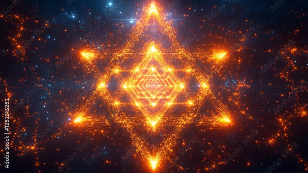 Poster abstract geometric star pattern glowing in deep space with orange light and dark background