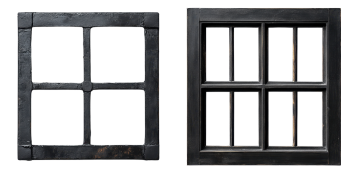 Vintage Black Wooden Window Frames Isolated on White Background