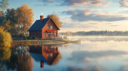 Fototapeta premium Red house by calm lake at sunrise, autumn.