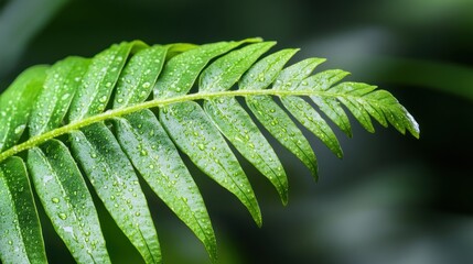 Lush green fern leaf with water droplets showcasing vibrant texture and natural beauty, perfect for backgrounds and nature themes, healthy living concept