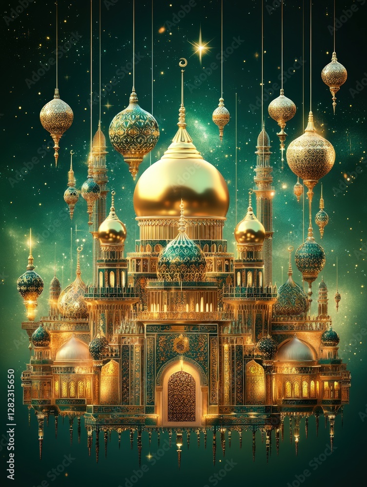 Poster golden structure with intricate details and starry background